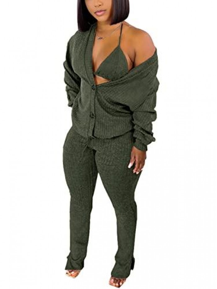 Sexy 3 Piece Outfits Button Front Cardigan Triangle Bra Drawstring Split Hem Pants Sets With Pocket 