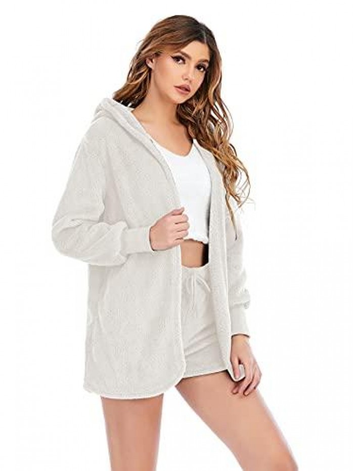 Womens Sexy 3 Piece Outfits Fuzzy Fleece Open Front Hooded Cardigan + Crop Top Shorts Set Loungewear 