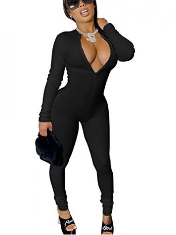 Women's Sexy Bodycon V Neck Long Sleeve Front Zipper Club Party Rompers Jumpsuits 