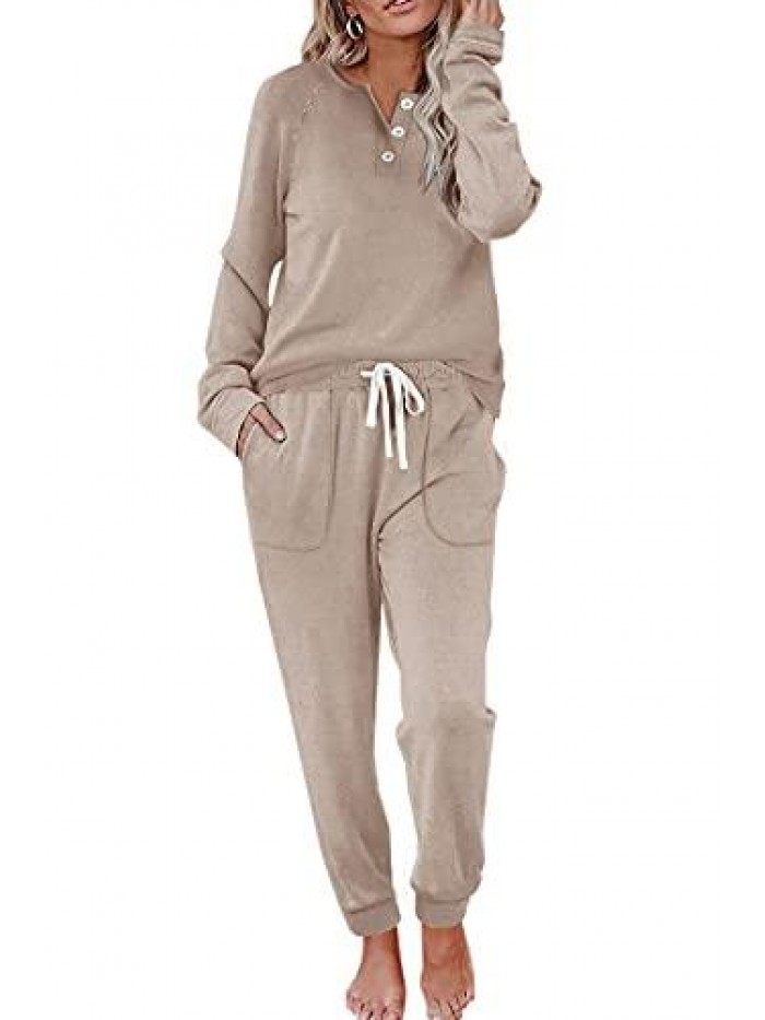 Two Piece Outfits for Women Lounge Sets Button Down Sweatshirt Sweatpants Sweatsuits Set with Pockets 