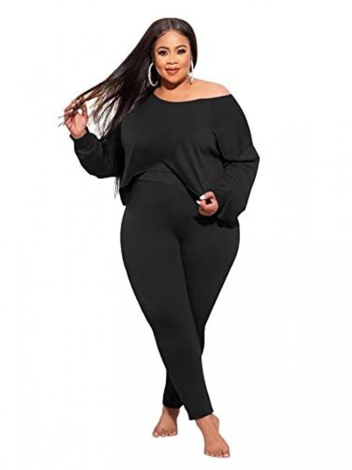 Piece Outfits for Women Solid Clubwear Off Shoulder Long Sleeve Shirt Bodycon Pants Sets Plus Size Tracksuit Casual 