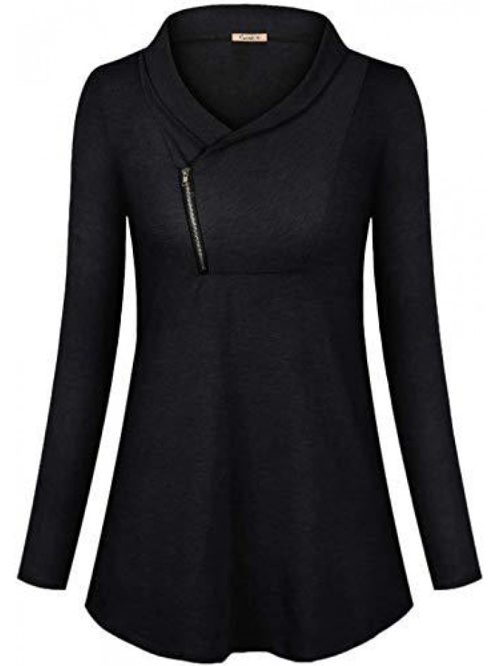 Women's Long Sleeve Pullover Zipper Cowl Neck Tops Solid Sporty Sweatshirts 