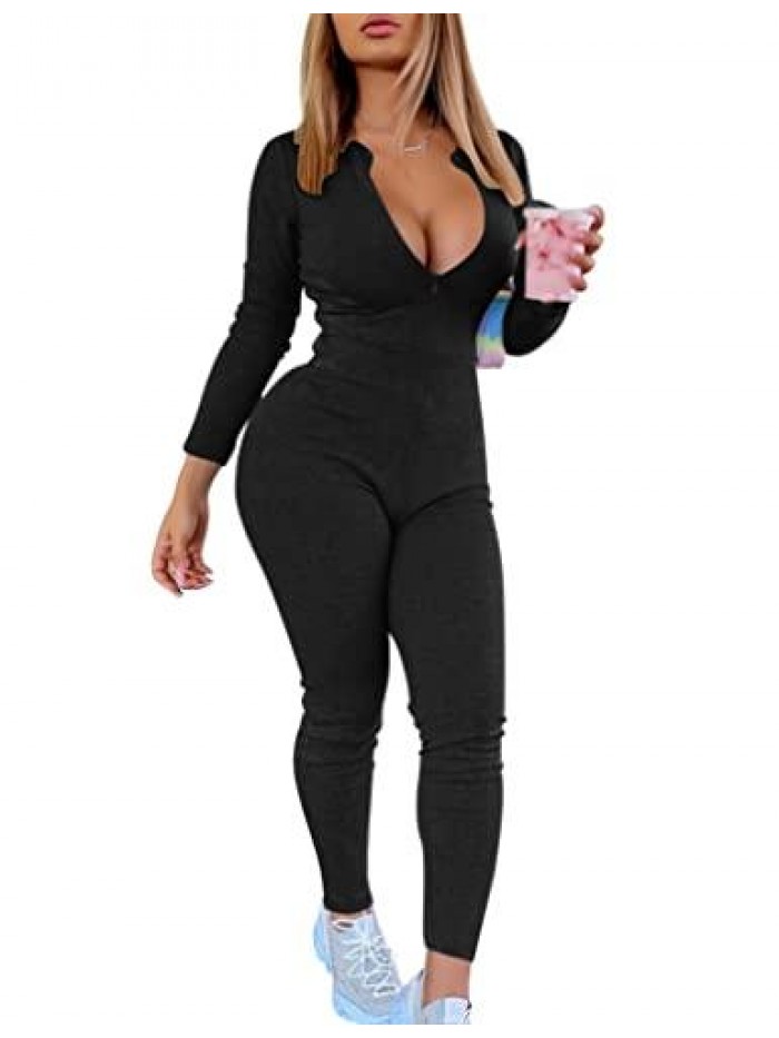 Sexy Bodycon Long Sleeve One Piece Club Outfits V Neck Zipper Jumpsuit Romper 