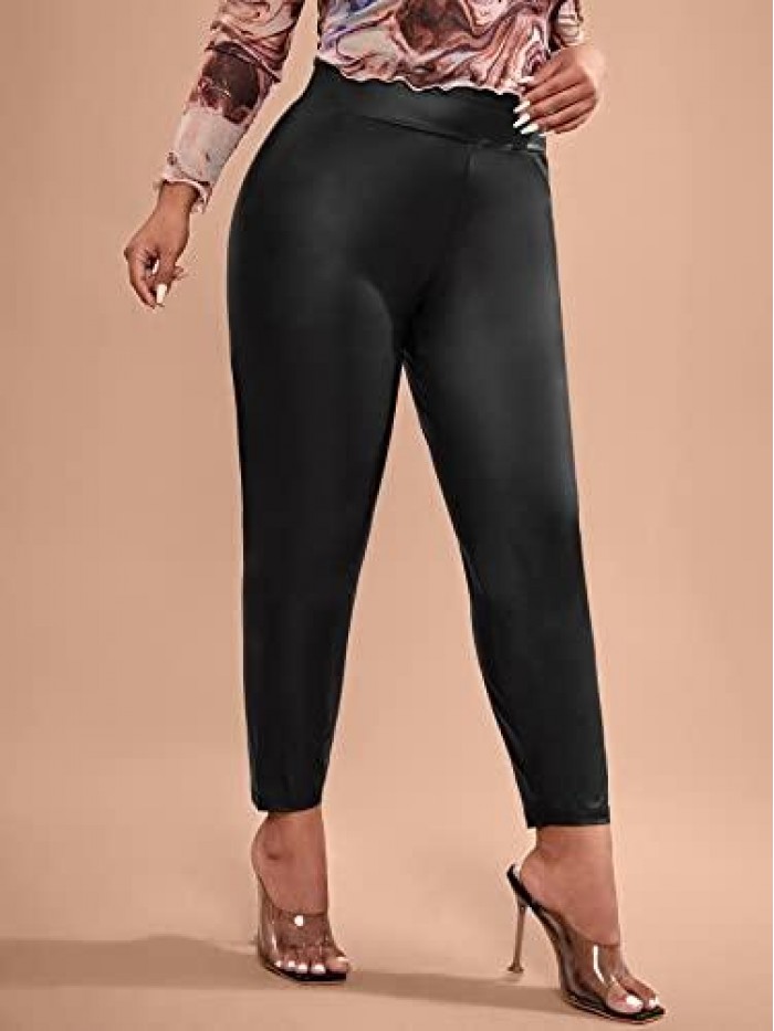 Women's Plus Size Casual Pu Leather Skinny Cropped Workout Pants 