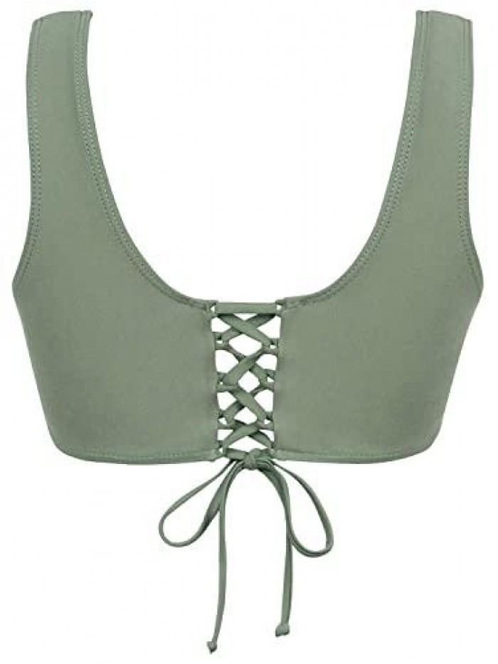 Women's Sexy V Neck Twist Front Criss Cross Back Lace Up Ruched Push Up Sporty Bikini Top Swimsuit 
