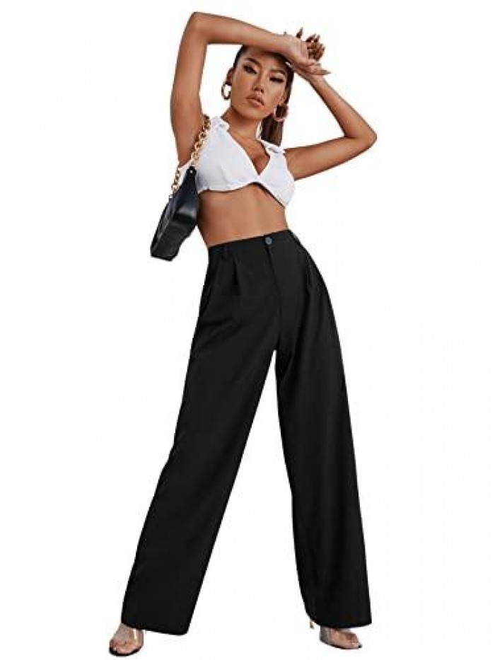 Women's Casual Wide Leg High Waisted Botton Down Straight Long Trousers Pants 