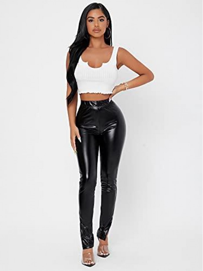 Women's Faux Leather Leggings Pants High Waisted Leather Stacked Pants 