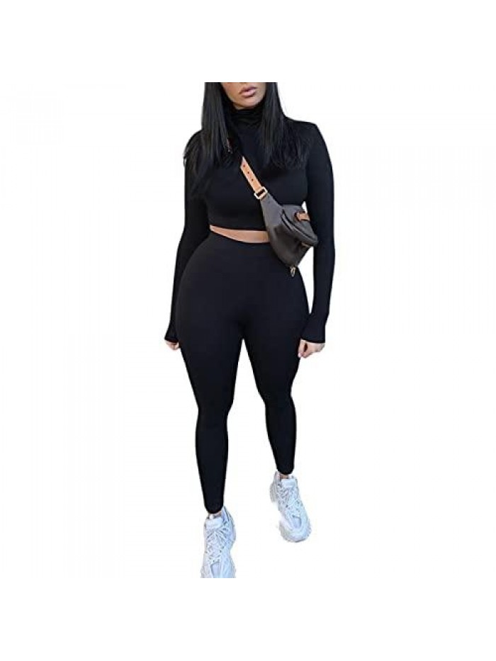 Women Workout Two Piece Outfits Long Sleeve Crop Top Pants Set High Waist Bodycon Tracksuit 