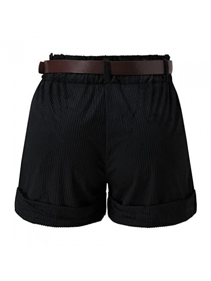 Women High Waisted Corduroy Shorts Casual Wide Leg Rolled Hem Shorts with Pocket Elastic Plus Size Bermuda Shorts 