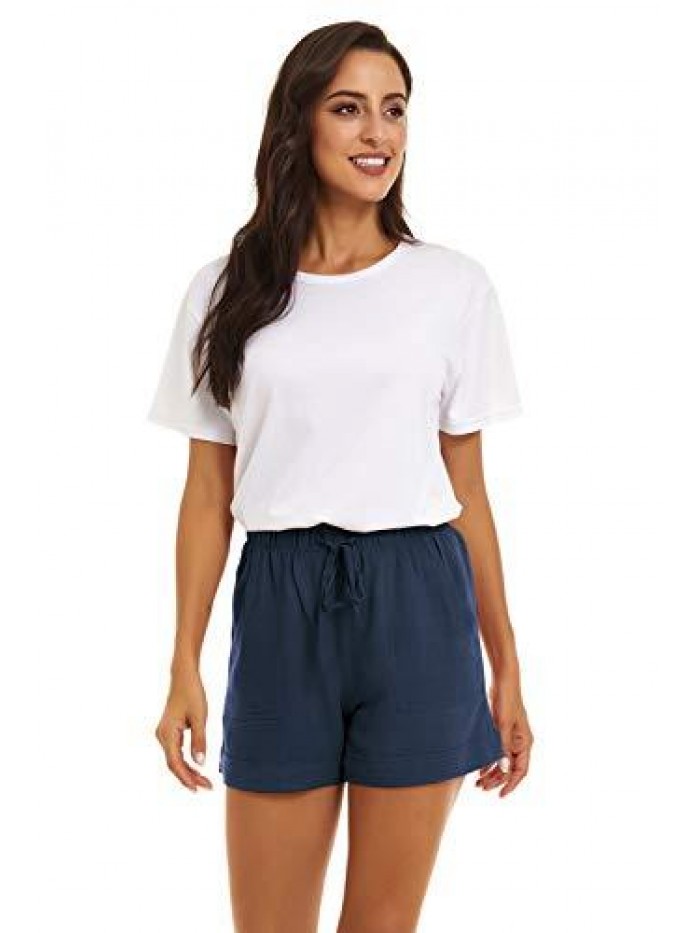 Comfy Drawstring Casual Elastic Waist Shorts for Women Summer Beach Cotton Pull On Short with Pockets 
