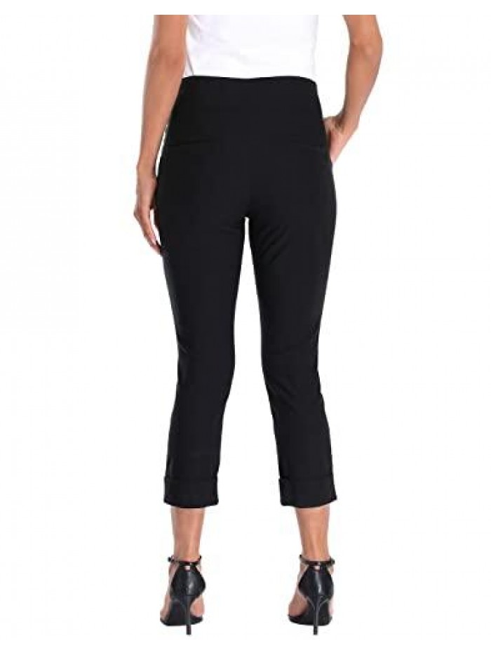 Pull On Capri Pants for Women with Pockets Elastic Waist Cropped Pants 