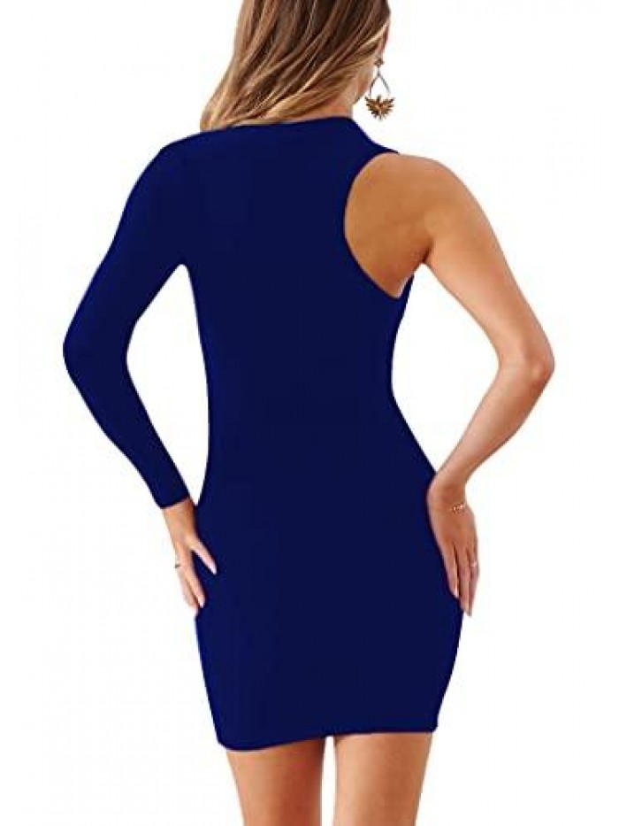 Women's One Shoulder Bodycon Long Sleeve Cut Out Sexy Asymmetrical Mini Dress 