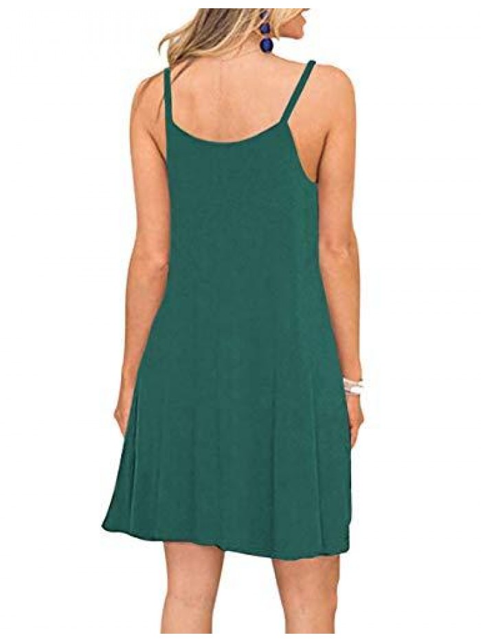 Women's Summer Spaghetti Strap Casual Swing Tank Beach Cover Up Dress with Pockets 