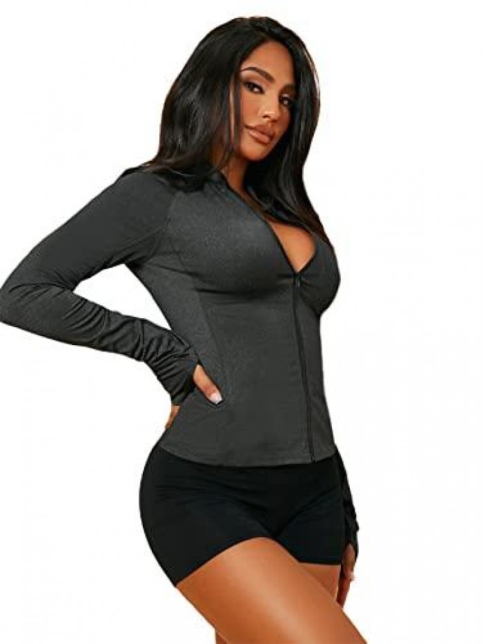 Women's Long Sleeve Zipper Workout Tops Sports Jacket with Thumb Holes 