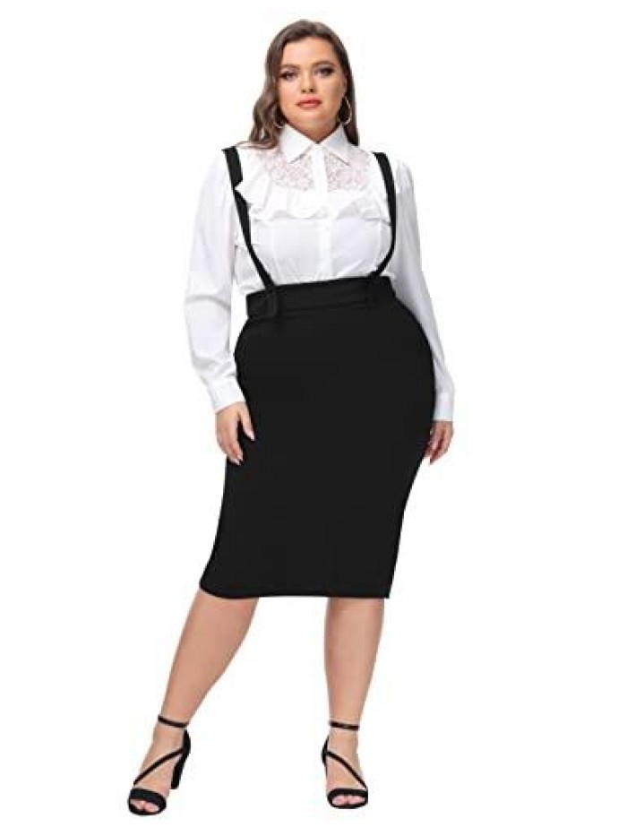 Plus Size High Waist Overalls Back Slit Pencil Bodycon Midi Suspender Skirt 