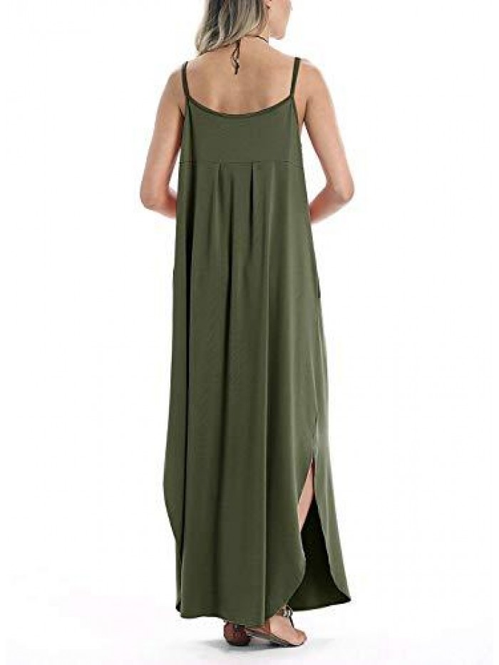 Women's Summer Casual Sleeveless V Neck Strappy Split Loose Dress Beach Cover Up Long Cami Maxi Dresses with Pocket 