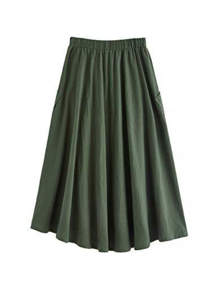 Women's Casual High Waist Pleated A-Line Midi Skirt with Pocket 