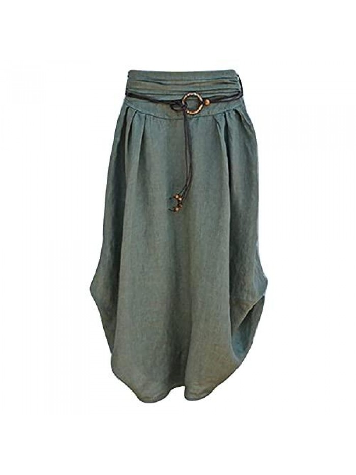 Women's Cotton Linen Skirts Ladies Fashion Casual Loose Maxi Dress Asymmetrical Hem Sashes Mid-Calf Skirt 