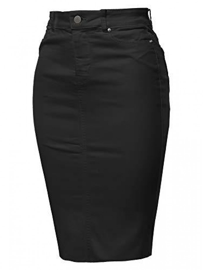 Women's Slim Fit Rayon Knee Length Unhem Back Slit Denim Jean Pencil Skirt 