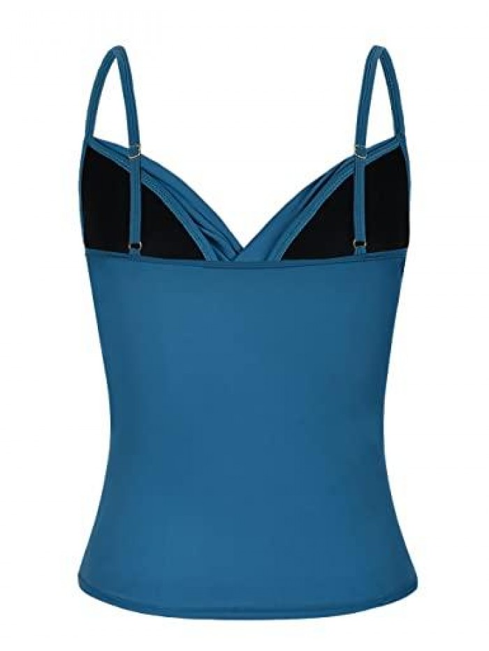 Women's Tankini Tops Ruched Swimsuits Tummy Control Swimwear Cross Wrap V Neck Bathing Suit Top Only 
