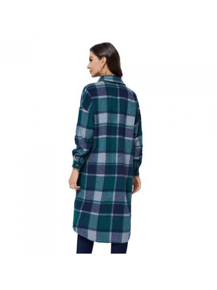 Womens Long Plaid Shacket Jacket Casual Fashion Lapel Button Down Long Sleeve Long Plaid Coat with Pockets 