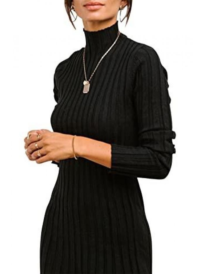 MEROKEETY Women's Ribbed Long Sleeve Sweater Dress High Neck Slim Fit Knitted Midi Dress