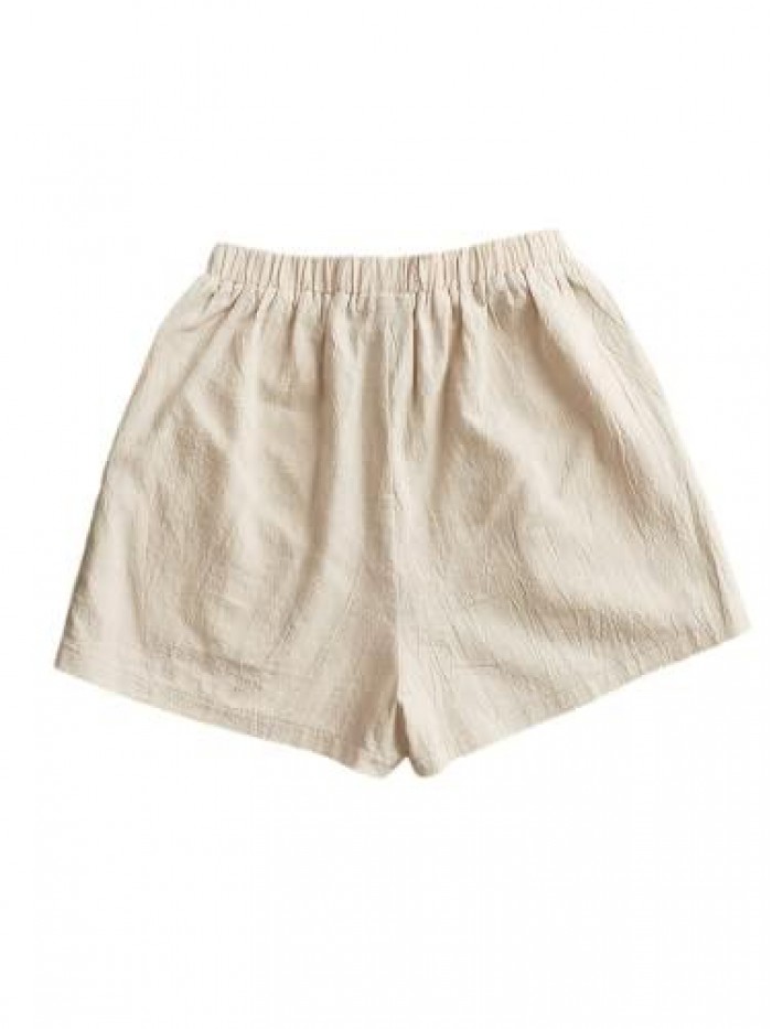 Women's Casual Knot Front Tie Self Elastic Waisted Cotton Solid Shorts 