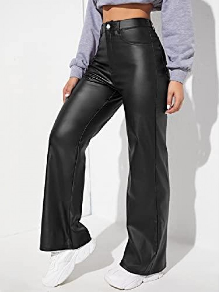 Women's High Waist Pockets Straight Leg Jeans Leather Look Pants 