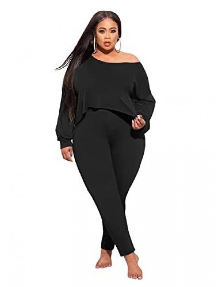 Piece Outfits for Women Solid Clubwear Off Shoulder Long Sleeve Shirt Bodycon Pants Sets Plus Size Tracksuit Casual 