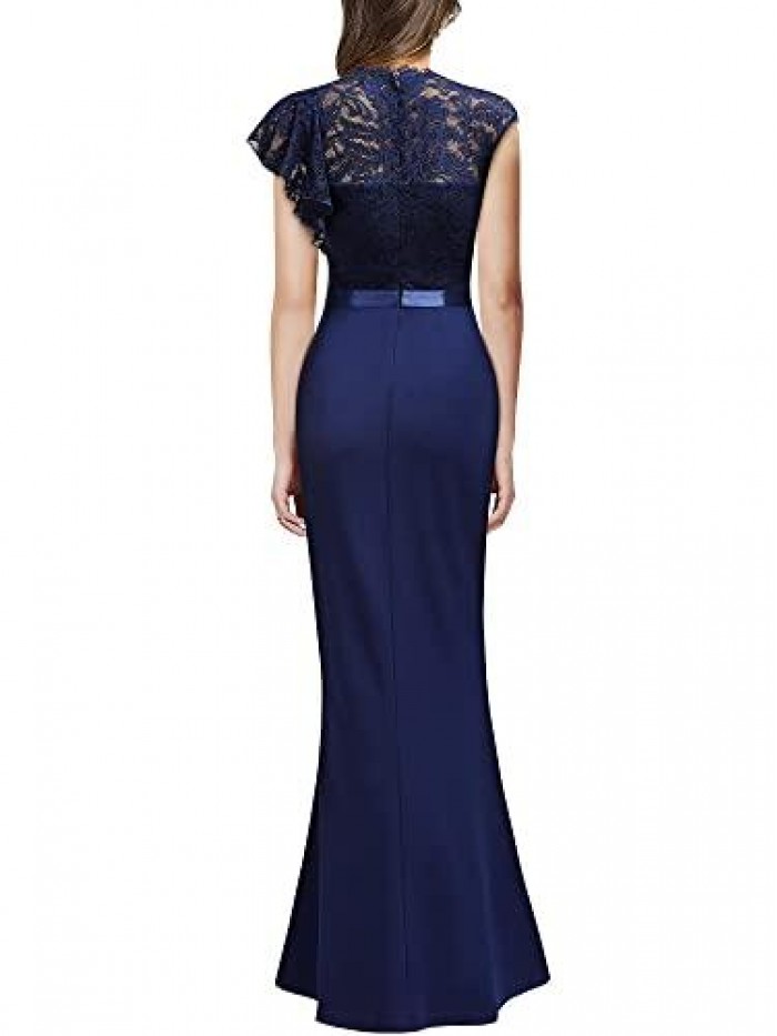 Women's Elegant Floral Lace Ruffle Design Bridesmaid Formal Maxi Dress 