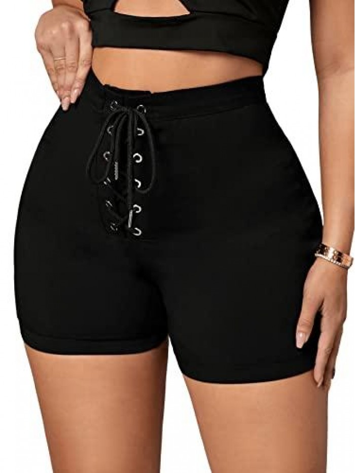 Women's Casual Lace Up Front Tie Knot High Waist Skinny Shorts 