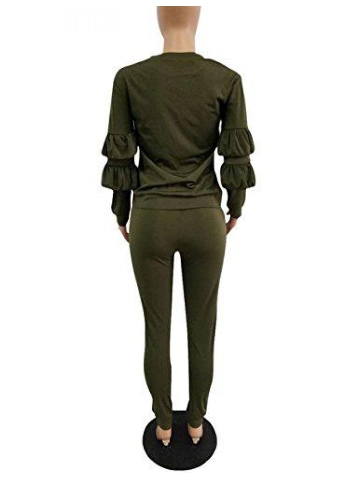 Women's Two Piece Outfits Ruffle Sleeve Sweatshirt and Long Pants Tracksuit Sets 