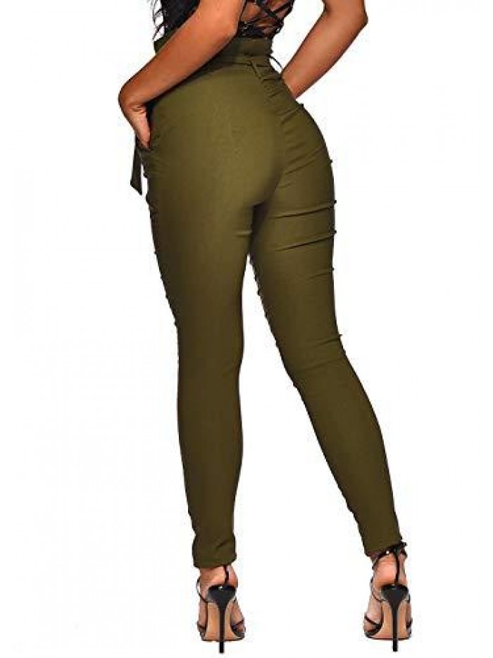 Women's All Occasions Paper Bag Waist Pants Trousers with Tie Pockets 