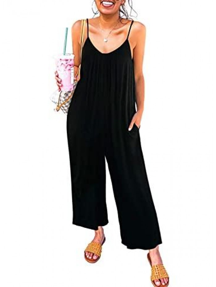 Sailed Women's Casual Sleeveless Front Button Loose Jumpsuits Stretchy Long Pants Romper with Pockets 