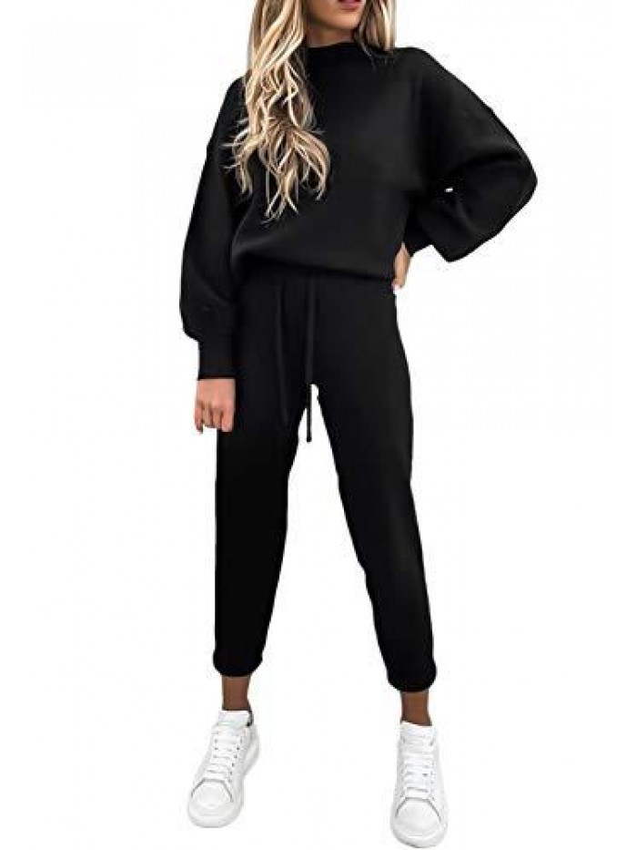 Women's 2 Piece Sweatsuit Outfits Lantern Sleeve Pullover Tops and High Waist Jogger Pants Lounge Sets 