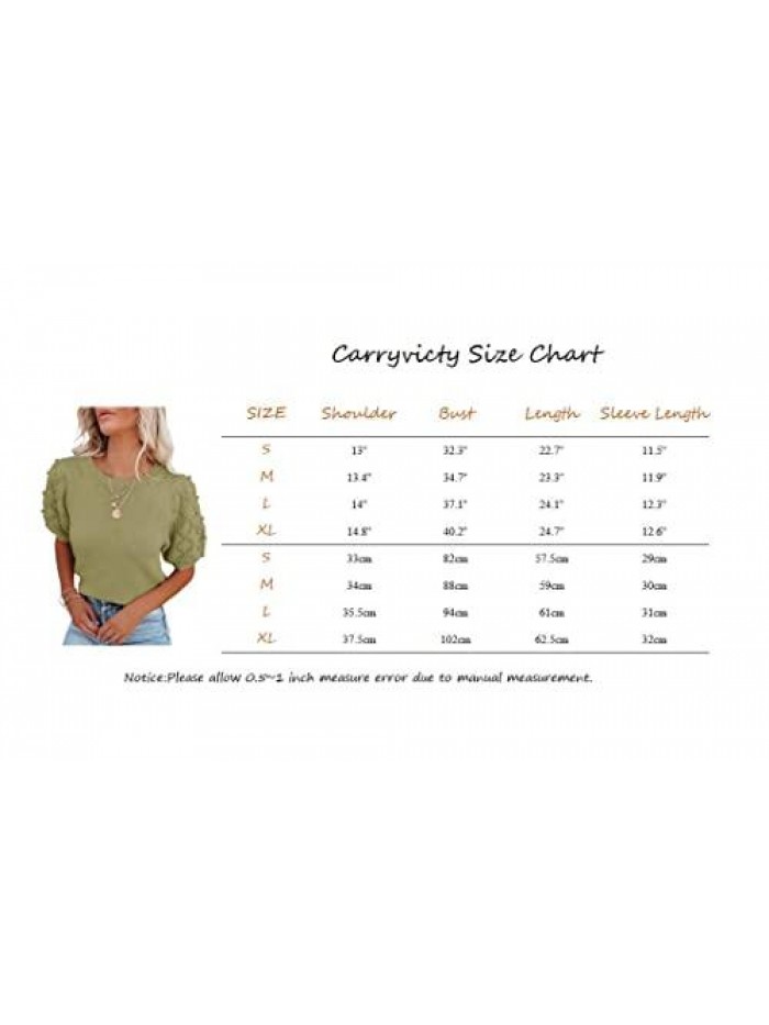 Womens Puff Short Sleeve Pullover Sweaters Tops Spring Soft Crew Neck Dot Loose Lightweight Knit Blouse Shirts 