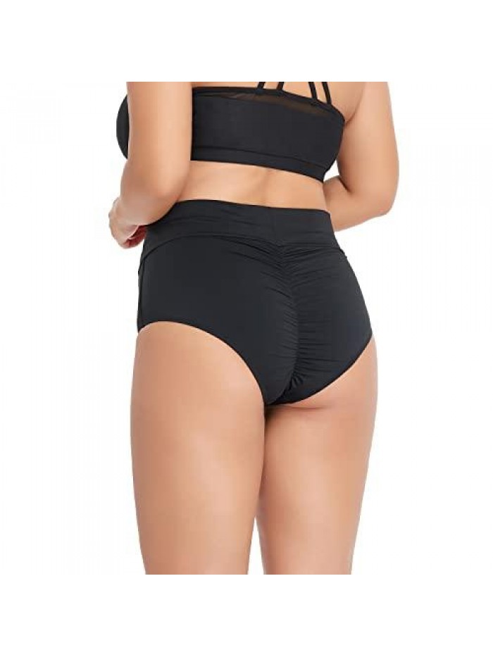 Womens' Black Crossover V High Waisted Cheeky Ruched Bikini Tankini Bottom 