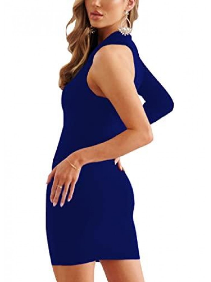 Women's One Shoulder Bodycon Long Sleeve Cut Out Sexy Asymmetrical Mini Dress 
