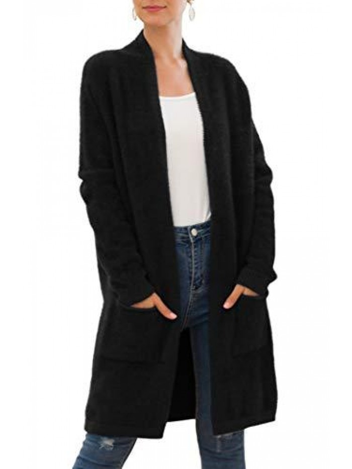 QIXING Women's Casual Open Front Knit Cardigans Long Sleeve Plush Sweater Coat with Pockets