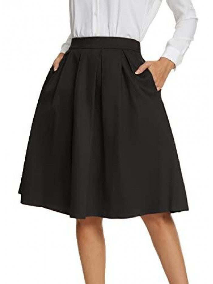 Women's Vintage A-line Printed Pleated Flared Midi Skirt with Pockets 