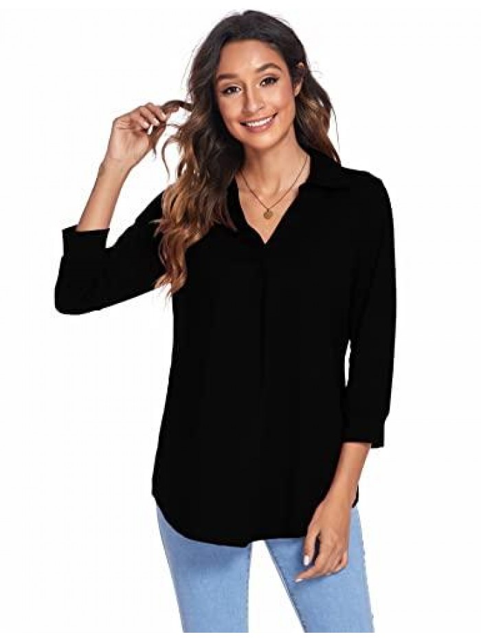 Womens Collared V Neck 3/4 Sleeve Shirts Business Casual Tops Loose Work Blouses 