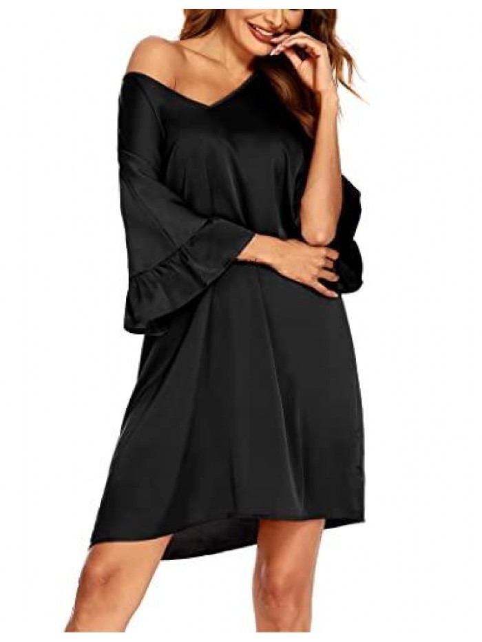 Silk Nightgown for Women 3/4 Ruffle Sleeves Satin Sleepwear V-Neck Loose Loungewear Nightdress S-XXL 