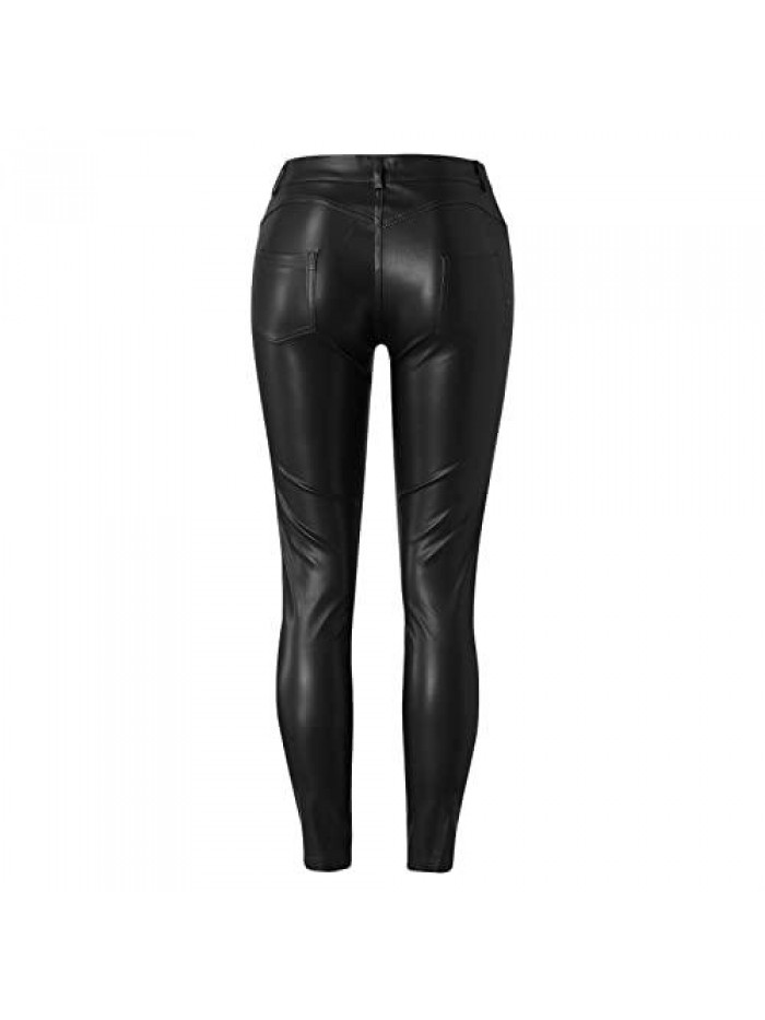 Womens Casual Pu Leather Pencil Pants High Waisted Butt Lift Motorcycle Pants Retro Bomber Flight Trousers Streetwear 