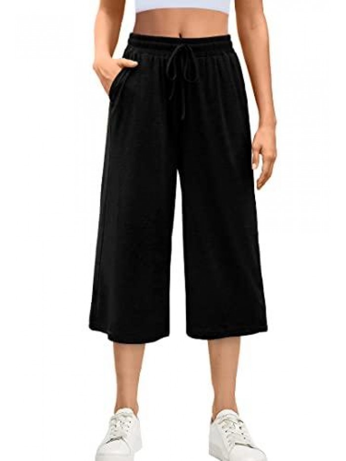 Women‘s Capri Pants with Pockets Summer Lounge Pants Drawstring Capris Loose Fit 