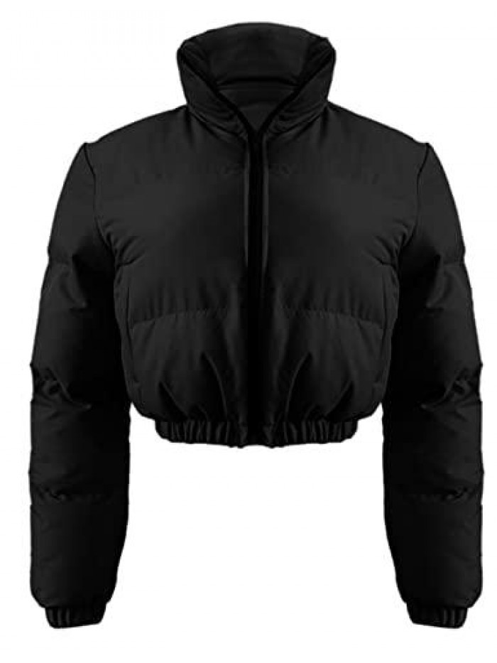 Women's Cropped Puffer Jacket Solid Full Zip Lightweight Black Jacket Coat 