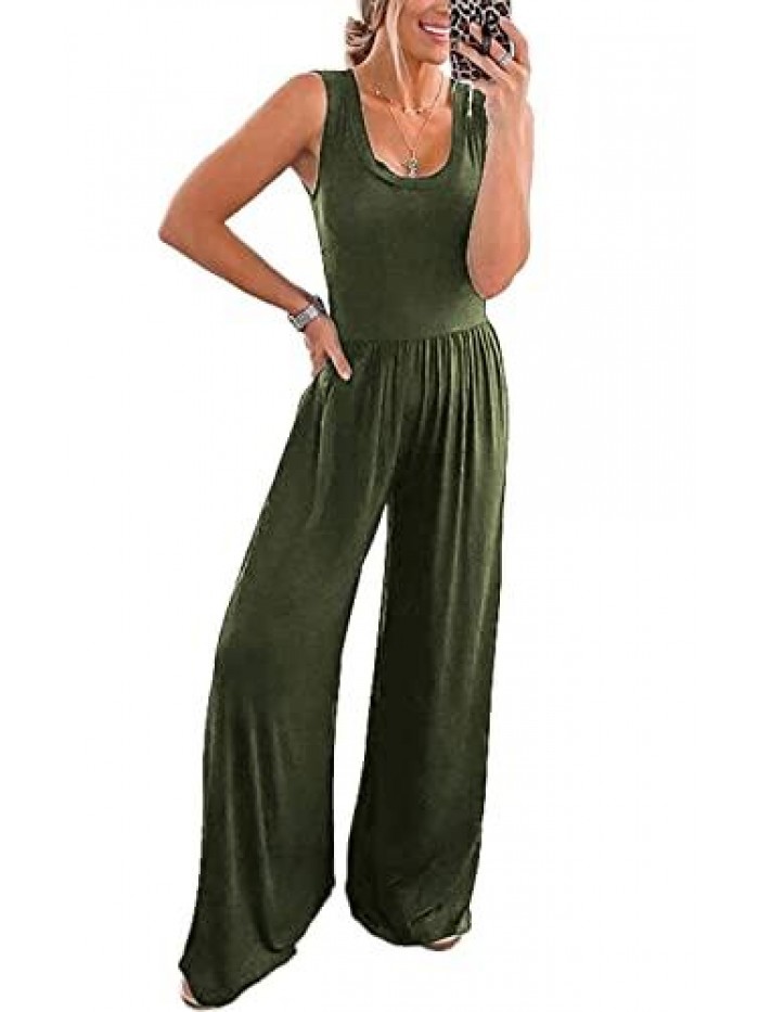 Women’s Summer Sleeveless Tank Jumpsuits High Waist Low Cut Casual Scoop Neck Fit And Flare Long Pants Rompers 