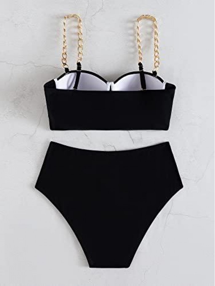 Women's 2 Piece Swimsuit Solid Chain Linked Push Up Bikini Bathing Suits 