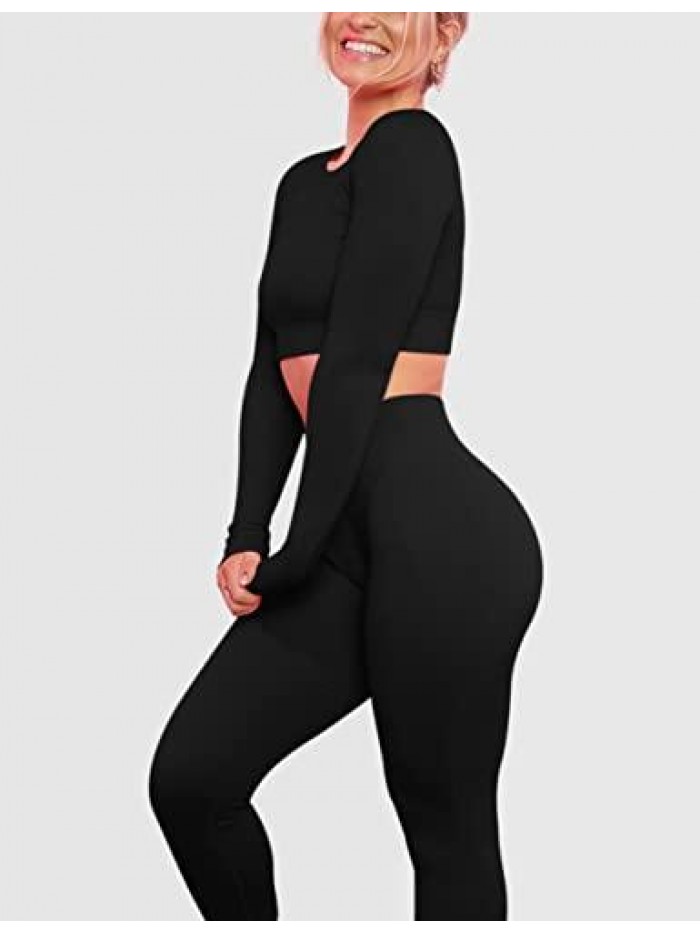 Women Workout Sets 2 Pieces Long Sleeve Yoga Outfits Gym Clothes Seamless Ribbed Crop Top High Waist Leggings 