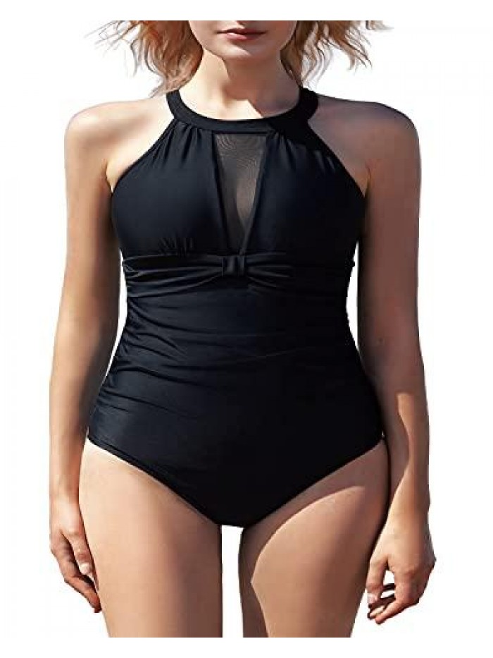 Womens One Piece Swimsuits Mesh V Neck Monokini Bathing Suits Tummy Control Swimwear 