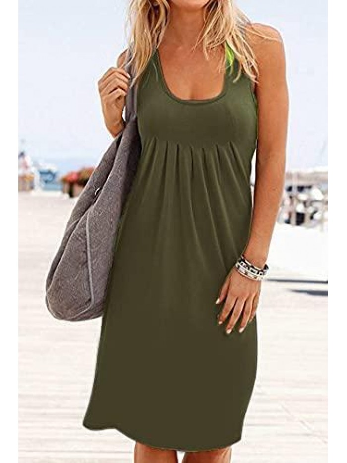 Women Casual Loose Tank Dresses Sleeveless Beach Vacation Dress Swing Pleated U Neck Fashion Soft 